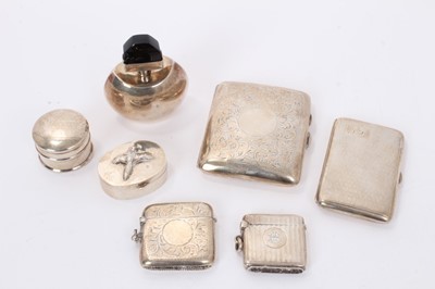 Lot 277 - Group of silver to include two vesta cases, two pill boxes, two cigarette cases and a scent bottle