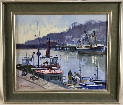 Lot 7 - Roger Curtis (Contemporary) oil on board - boats in a harbour together with a signed colour etching of Blakeney Creek by David Green (2)