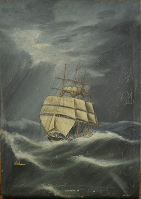 Lot 1188 - Pun Woo, early 20th century, oil on canvas - Durmburton in rough seas, signed and inscribed, 29.5cm x 21cm, unframed