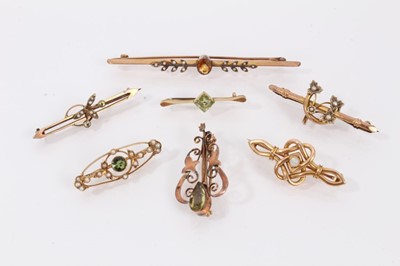 Lot 420 - Group of seven Victorian and Edwardian gold gem set and seed pearl bar brooches
