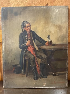 Lot 98 - J. Gerard, 19th century, oil on panel - a man seated at a table with a tankard, signed, 32cm x 26cm, unframed