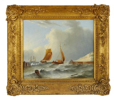 Lot 1083 - English School, early 19th century, oil on canvas - shipping off the coast, indistinctly signed and inscribed verso, 25.5cm x 30.5cm, in gilt frame