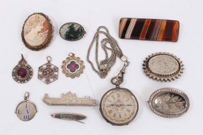 Lot 879 - Victorian silver brooches, banded agate panel brooch, moss agate brooch, cameo, three silver gilt enamelled pendants, rotating silver fob and a silver cased fob watch on chain