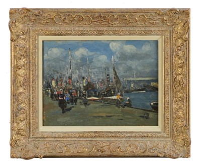 Lot 1146 - *Archibald Campbell Mellon (1876-1955) oil on panel - figures on a jetty, unsigned, 22.5cm x 30cm
