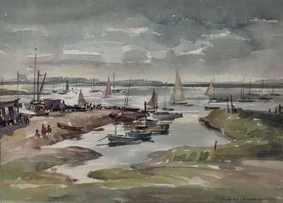 Lot 2 - Albert Ribbans (1903-1966) watercolour - Yachts and Dinghies on a tidal river’, signed and dated 1965, 37cm x 28cm mounted in glazed frame (57cm x 48cm overall)