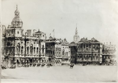 Lot 33 - Frederick A Farrell (1882-1935) signed etching, Horseguards, 27cm x 37cm together with another etching of Westminster Palace, 23cm x 30cm, both unframed (2)