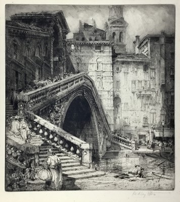 Lot 19 - Hedley Fitton (1859-1929) signed etching - Rialto, Venice, mounted, 62cm x 52cm overall