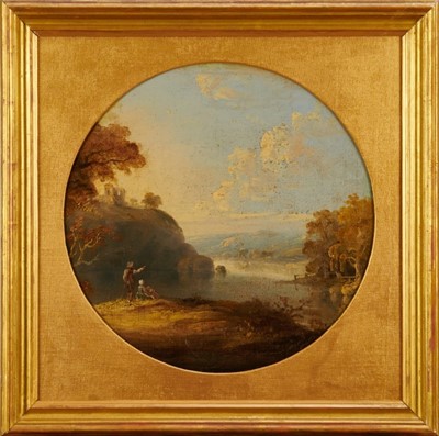 Lot 1112 - Manner of Richard Wilson (1731-1782), oil on tondo canvas circa 1800 of an extensive landscape 
with figures by castle ruins, in gilt frame. Diam. 38cm.
