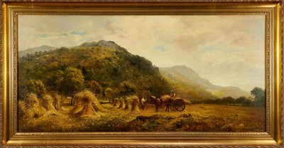 Lot 1106 - English School mid 19th century, oil on canvas, an extensive hay making scene with a horse drawn cart, mountains beyond, indistinctly signed, 
in gilt frame. 59 x 126cm.