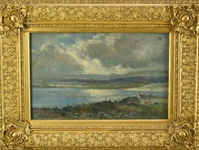 Lot 1108 - Henry Coulton Guyatt 1857 - 1939, oil on canvas, "From the Knill Monument, St Ives", signed, in ornate gilt frame. Exhibition label verso. 
28 x 45cm.