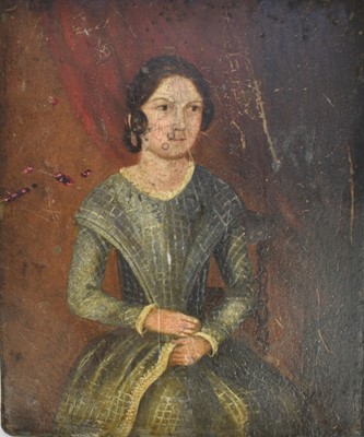 Lot 1133 - American School early 19th century, oil on metal, a naive portrait of a lady, unframed.  
16 x 13cm.