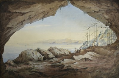 Lot 1132 - English School 1839, watercolours, The entrance to Martins Cave, Gibraltar, signed and dated 29th July 1839, also monogrammed 
verso, unframed. 36 x 53cm.
