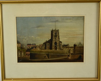 Lot 1114 - Mrs E. Worrell (act. 1870s), oil on canvas board, A view of Bolton Old Parish Church, signed, in gilt frame. 25 x 35cm