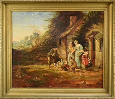 Lot 1111 - Manner of George Morland, an early 19th century, oil on canvas, of a peddler showing his wares to a family at a cottage door, in gilt frame. 
67 x 80cm.