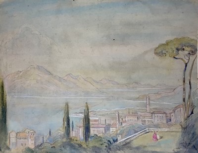 Lot 9 - Joseph Alfred Terry (1872-1939), watercolour- Continental vista, 30cm x 39cm, mounted on card, Christie's Studio Sale stamp verso dated July 3rd 1986