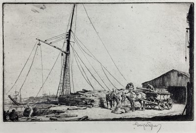 Lot 36 - George Soper (1870-1942), signed etching, dock scene, 14.5cm x 21cm, together with another unsigned 23.5cm x 29.5cm (2)