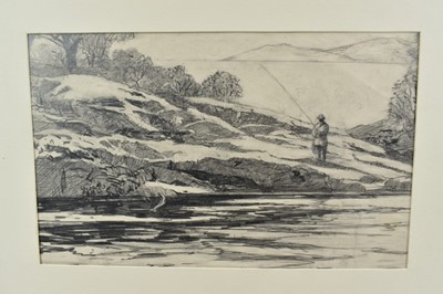 Lot 1015 - Henry Wilkinson (1921-2011) pencil sketch - Landing a Salmon, 18.5cm x 29.5cm, mounted