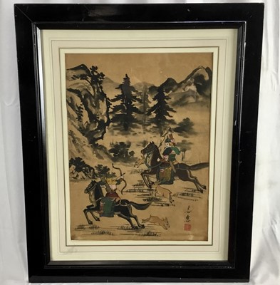 Lot 105 - Chinese painting on ricepaper, warriors on horseback, signed with character mark, 40x 30cm, framed and glazed