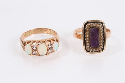 Lot 853 - Victorian yellow metal hinged bangle set with rose cut diamonds and seed pearls, yellow metal mourning ring, 9ct gold dress ring and an 18ct gold filled card case