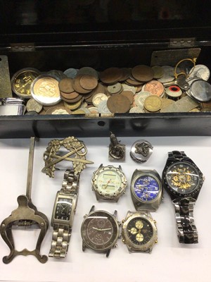 Lot 895 - Various wristwatches, coins and sundries within a black lacquered box