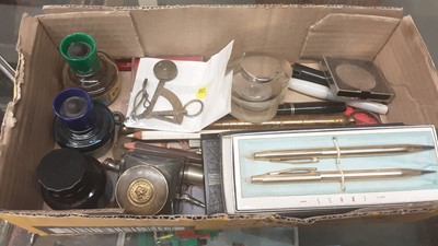 Lot 386 - Victorian inkwell, heart shaped inkwell, Victorian letter balance, vintage pens and sundries