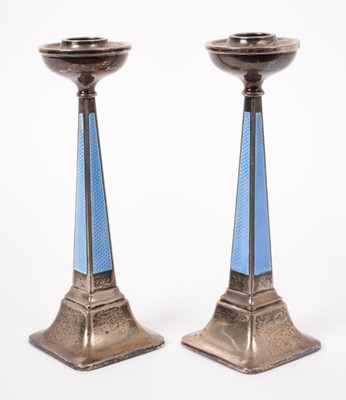 Lot 283 - Pair of Art Deco silver and blue enamel candlesticks