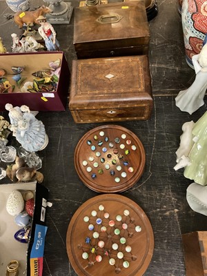 Lot 190 - Two 19th century wooden needlework boxes, two solitaire boards
