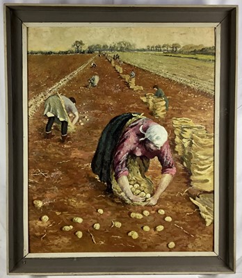 Lot 789 - J. A. Cooper, 20th century, oil on board - The Potato Harvest, signed, 75cm x 63cm, framed