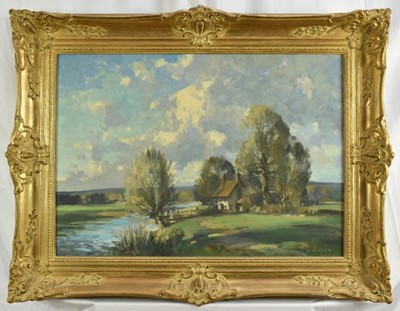 Lot 1187 - Stanley Orchart (1920-2005) oil on board - The River Nene near Water Newton, Peterborough, signed and titled to label verso, 48cm x 68cm in gilt frame