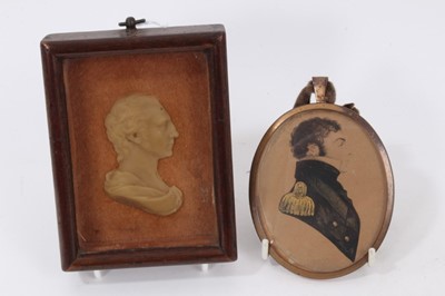 Lot 716 - 19th century wax portrait bust, after James Tassie, inscribed 'Robert Adam, Architect, Died 4 March 1792...' in glazed box frame, 12cm high, together with oval portrait miniature on paper depicting...