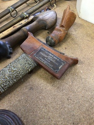 Lot 63 - An unusual pair of Victorian children's swords, together with other bladed weapons and a bronze figure of Mercury