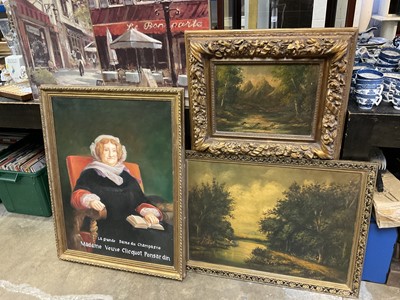 Lot 172 - Large late 19th oil on canvas in gilt frame -landscape, another similar together with an oil on canvas Madame Veuve Clicquot Ponsar din