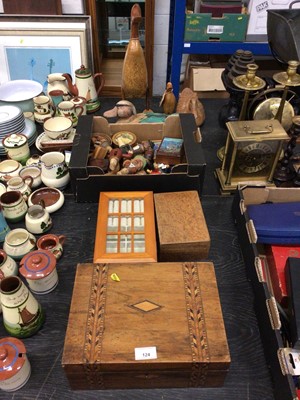 Lot 124 - A Victorian work box, other wooden items including novelty treen bottle stoppers, ducks, etc