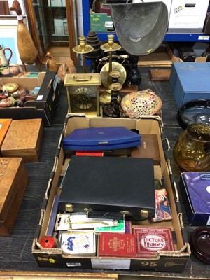 Lot 126 - Sundry items, including a set of scales, a gong, candlesticks, card games, studio pottery, and a clock