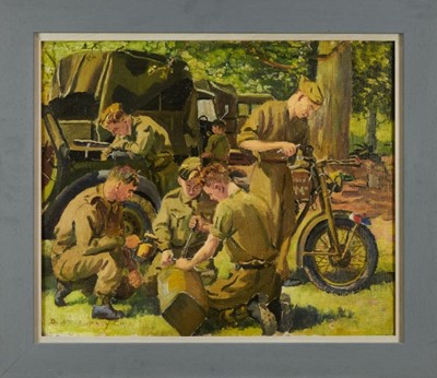 Lot 1135 - Deirdre Henty-Creer (1928-2012) oil on canvas -  WWII Soldiers repairing a motorbike. After the war, Deidre Henty-Creer became a committee member of AFAS…the Armed Forces Art Society
