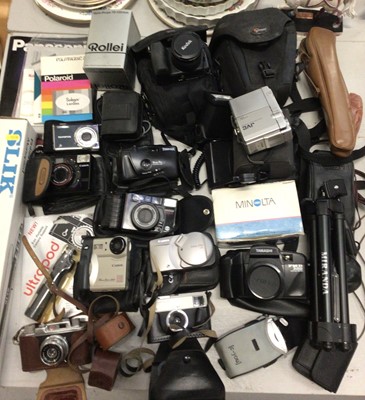 Lot 320 - Group of digital and other cameras including Kodak, Minolta, Olympus etc tripods and accessories