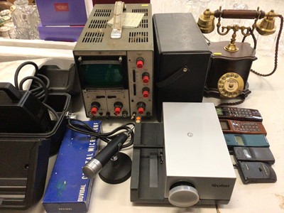 Lot 321 - Sony decoder, Sony Trinicon video camera, Rollei projector, Eumig projector, Telequipment Oscilloscope D52, two microphones and selection of vintage phones