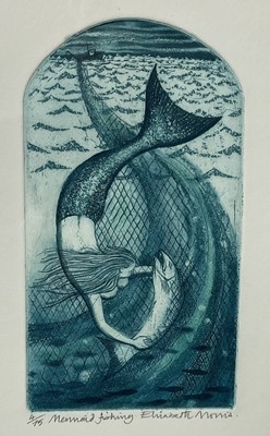 Lot 150 - Elizabeth Morris (contemporary) etching and aquatint, mermaid fishing, signed and numbered 4/75, 20 x 11cm, glazed frame