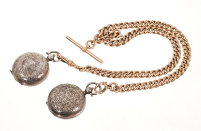 Lot 502 - Edwardian 9ct gold curb link watch chain and two silver sovereign holders