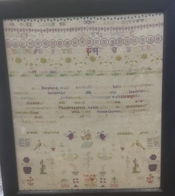 Lot 169 - Norfolk and Norwich interest: Victorian needlework sampler, inscribed 'Norwich Industrial Exhibition, March 1890', in glazed ebonised frame