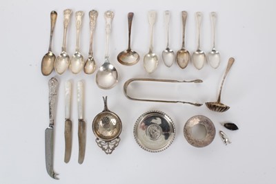 Lot 270 - Selection of miscellaneous silver and white metal, including tea strainer, Indian silver dish and other items