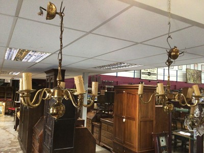 Lot 210 - Pair of brass four branch ceiling lights