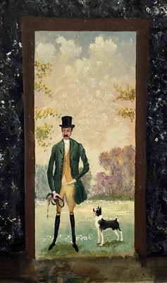Lot 44 - Folk Art oil on panel depicting a hunting gentleman and his terrier, 37cm x 28cm, unframed
