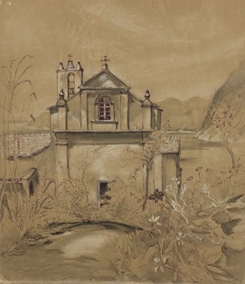 Lot 49 - Major Richard ‘Dick’ Heseltine M.C. (1914-2012) pen, ink and crayon drawing - Loire near Vitre, inscribed verso, 49cm x 40cm, unframed