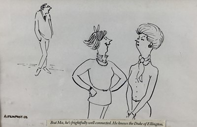Lot 40 - Annie Tempest (b.1959) pen and ink cartoon - "But Ma, he's frightfully well connected. He knows the Duke of Ellington", signed and dated '86, 15cm x 23cm, in glazed frame