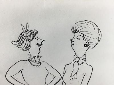 Lot 40 - Annie Tempest (b.1959) pen and ink cartoon - "But Ma, he's frightfully well connected. He knows the Duke of Ellington", signed and dated '86, 15cm x 23cm, in glazed frame