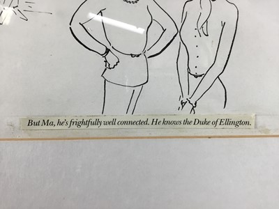 Lot 40 - Annie Tempest (b.1959) pen and ink cartoon - "But Ma, he's frightfully well connected. He knows the Duke of Ellington", signed and dated '86, 15cm x 23cm, in glazed frame
