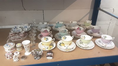 Lot 222 - Royal Standard teaset with floral decoration, two miniature teasets each on a tray, Wedgwood Kutani Crane vase, six Sherry glasses, glass dolphin ornament, trinket boxes and other items