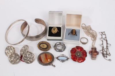 Lot 826 - Danish silver and red enamelled flower brooch, two silver bangles, four silver buttons, other silver and white metal jewellery and 9ct gold citrine ring