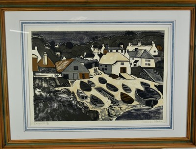 Lot 1136 - *Graham Clarke (b.1941) woodblock print - Cadgwith, signed and numbered 15/50, 66cm x 46cm in glazed frame